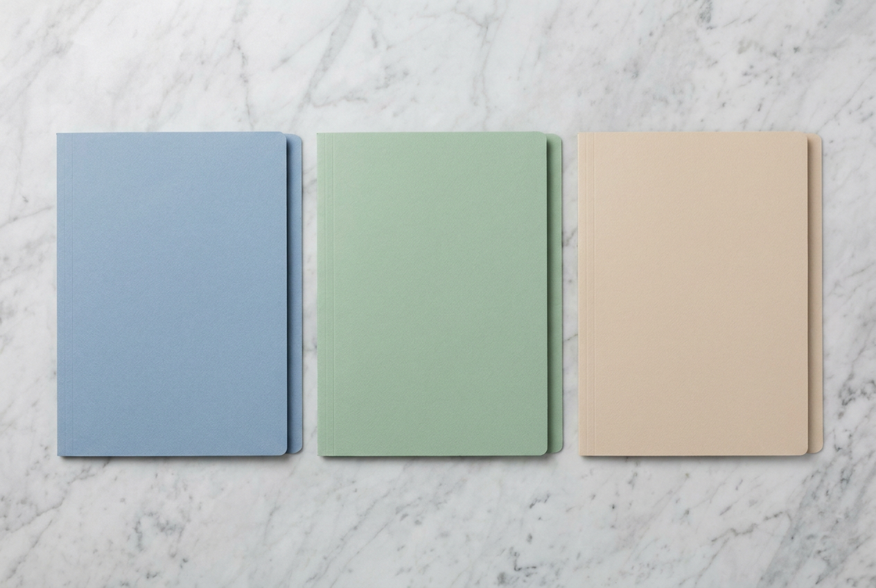 Three plain folders in different muted colours representing bond, insurance and Letter of Guarantee
