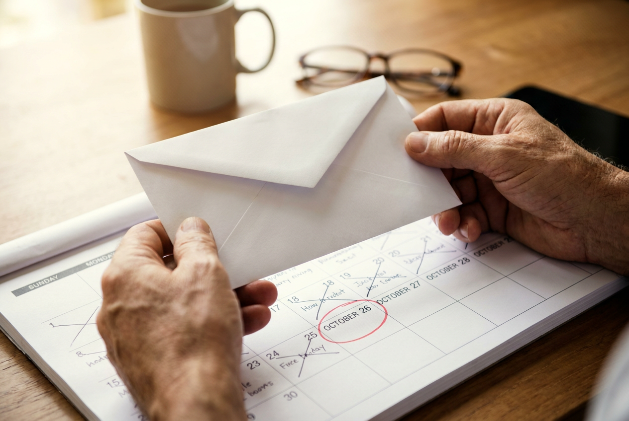 Hands holding a sealed envelope above a calendar with one date circled, conveying the bond discharge release timeline
