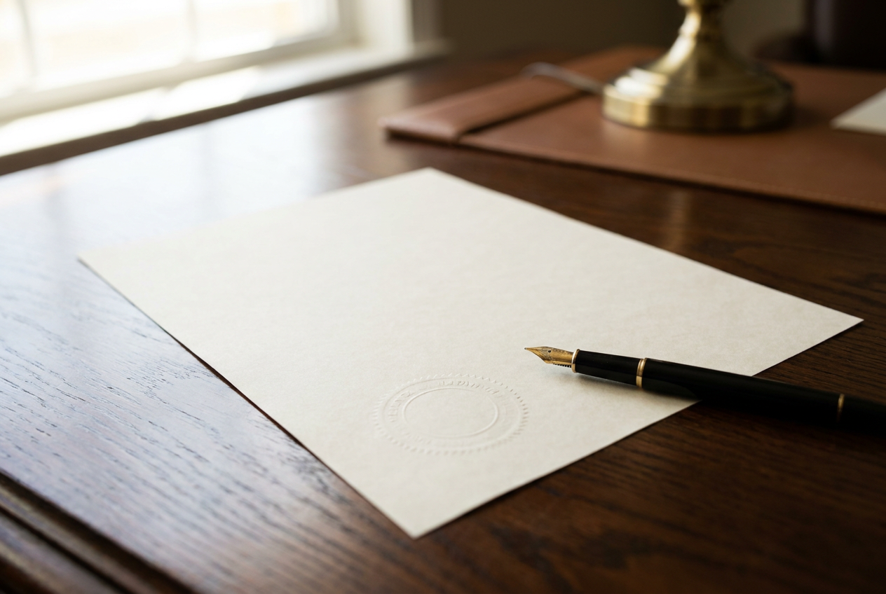 Blank guarantee document and fountain pen on a polished wooden desk representing the security bond instrument