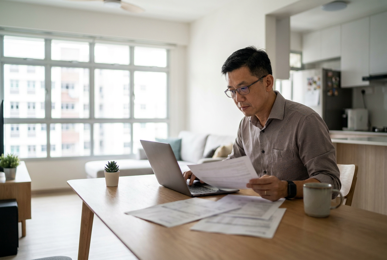Singapore employer reviewing maid insurance options on a laptop with policy documents on the table