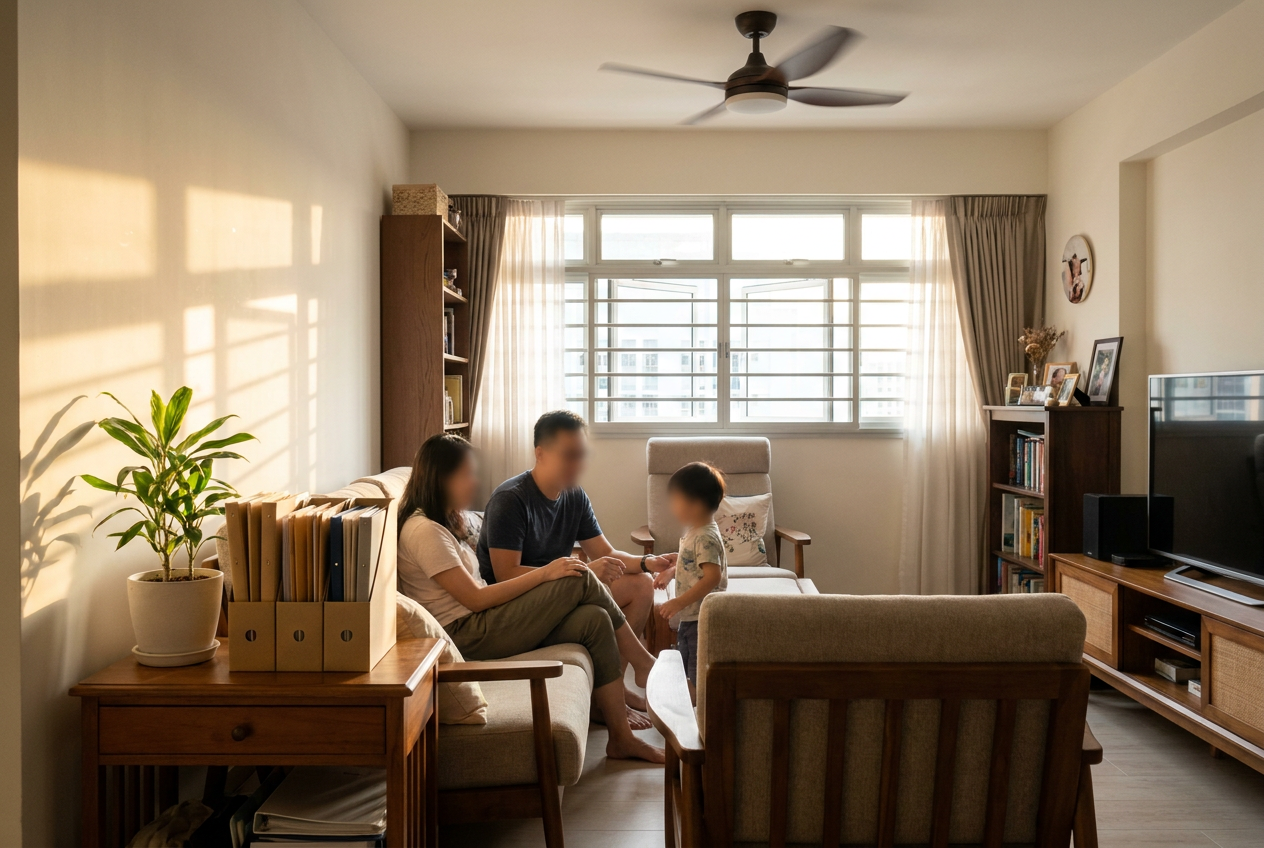 Singapore family with their newly hired domestic helper at home, insurance documents filed and ready